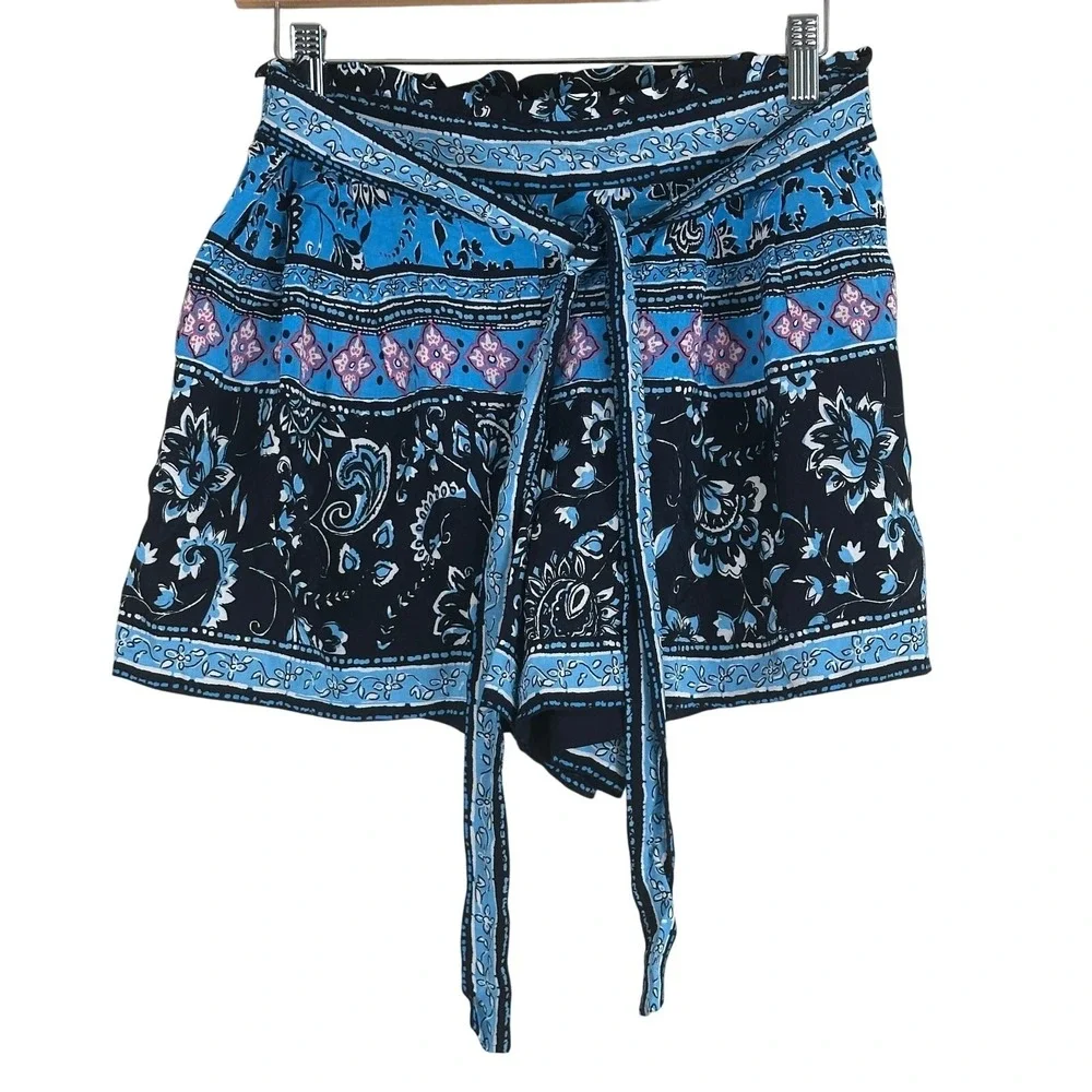 LOFT Paisley Floral Border Print Paperbag Tie Waist Shorts Blue Gypsy Hippie XS